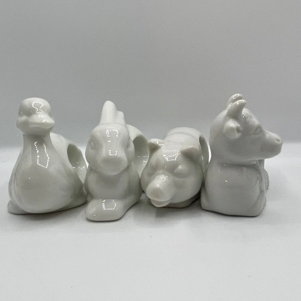 Vintage Japanese White Ceramic Napkin Rings Holders Set Of 4 Cow Pig Duck Rabbit